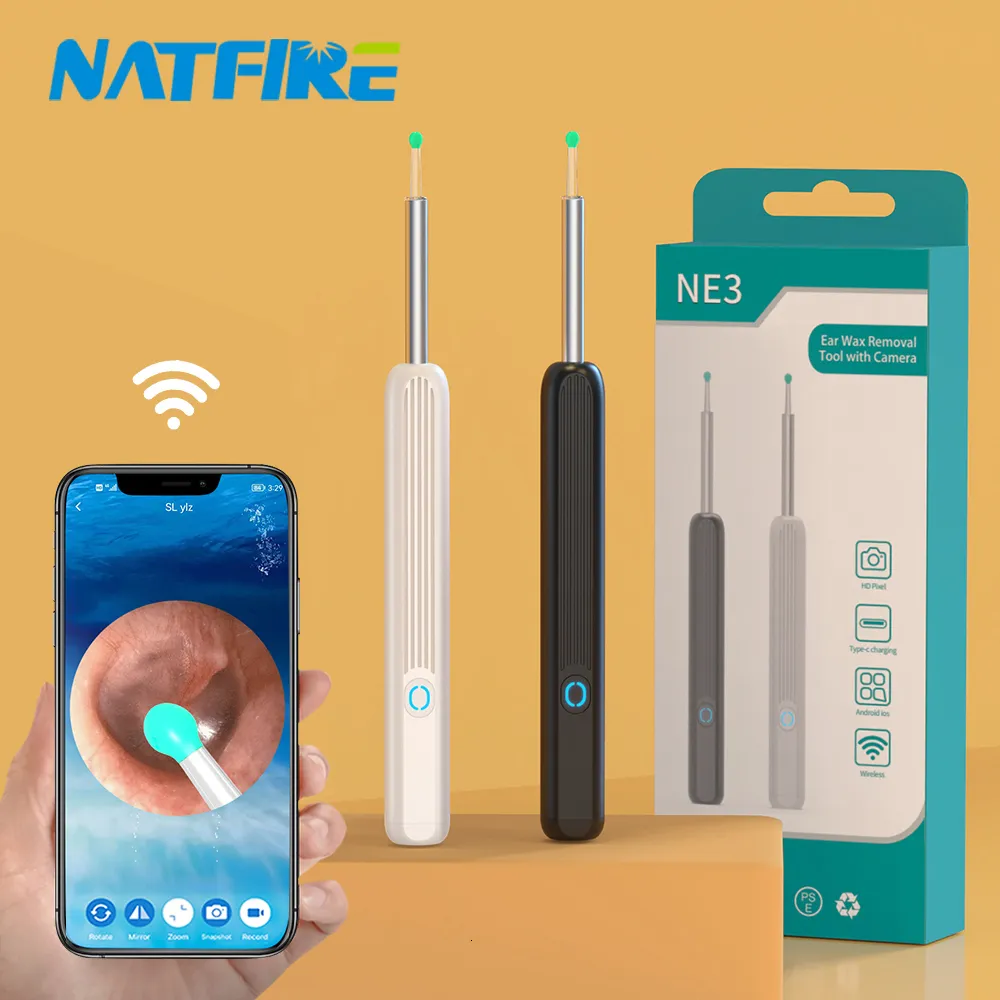 Akcesoria do pielęgnacji uszu NATFIRE NE3 Środek do czyszczenia uszu Wysoce precyzyjne narzędzie do usuwania woskowiny z kamerą LED Light Bezprzewodowy otoskop Inteligentny zestaw do czyszczenia uszu 230222