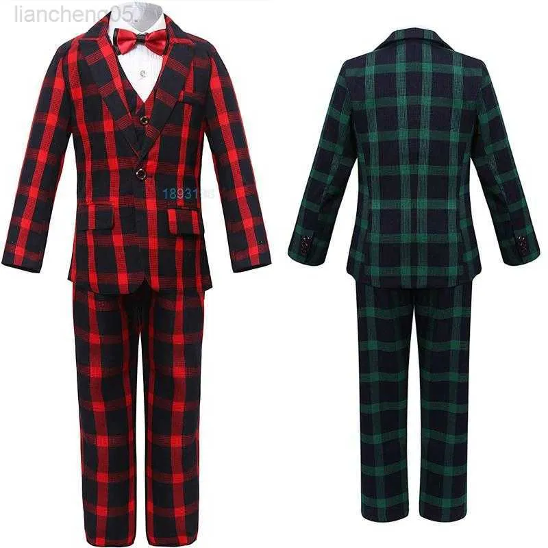 Clothing Sets Spring Autumn Children's Plaid Formal Slim Suit Boys Wedding Party Performance Dress Kids Blazer Vest Pants Bowtie Clothes W0222