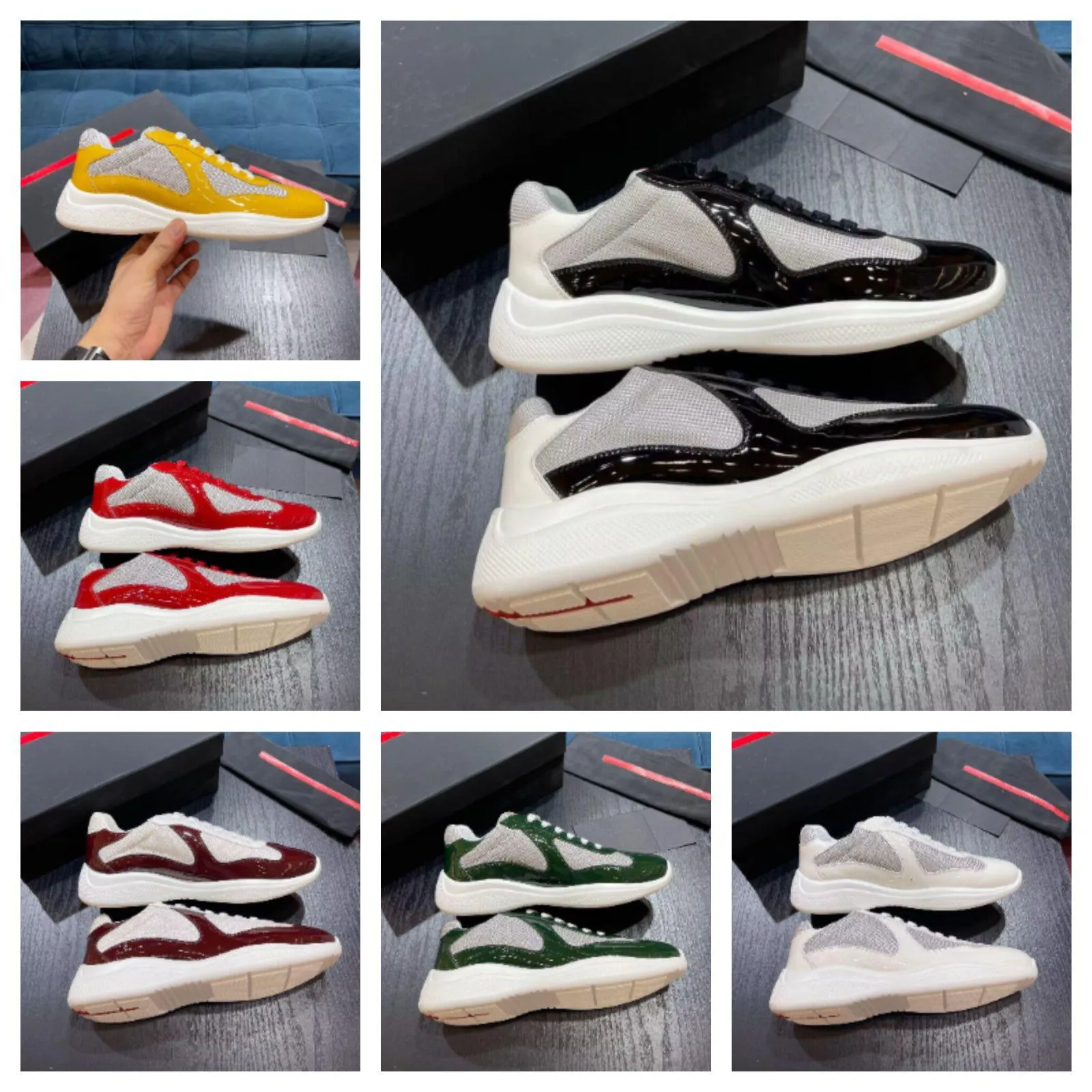 Z pudełkiem Prad 2023 Puchar American Casual Buty Niski top Sniaker Pvc Pvc Patent Skórzane Trenery modowe Ameryki Sneakery Walking Bute Bute Rubb Ox