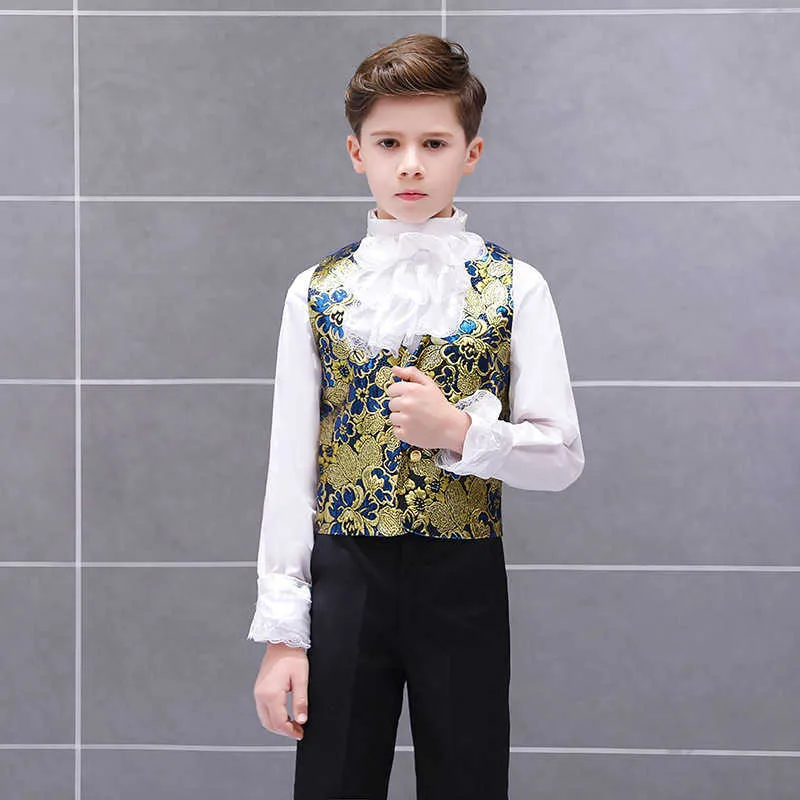 Kläder sätter pojkar retro Europeiska domstolskläder Set Child Prince Charming Drama Show Dress Suit Kids Blazer Vest Pants Collar Flower Outfit