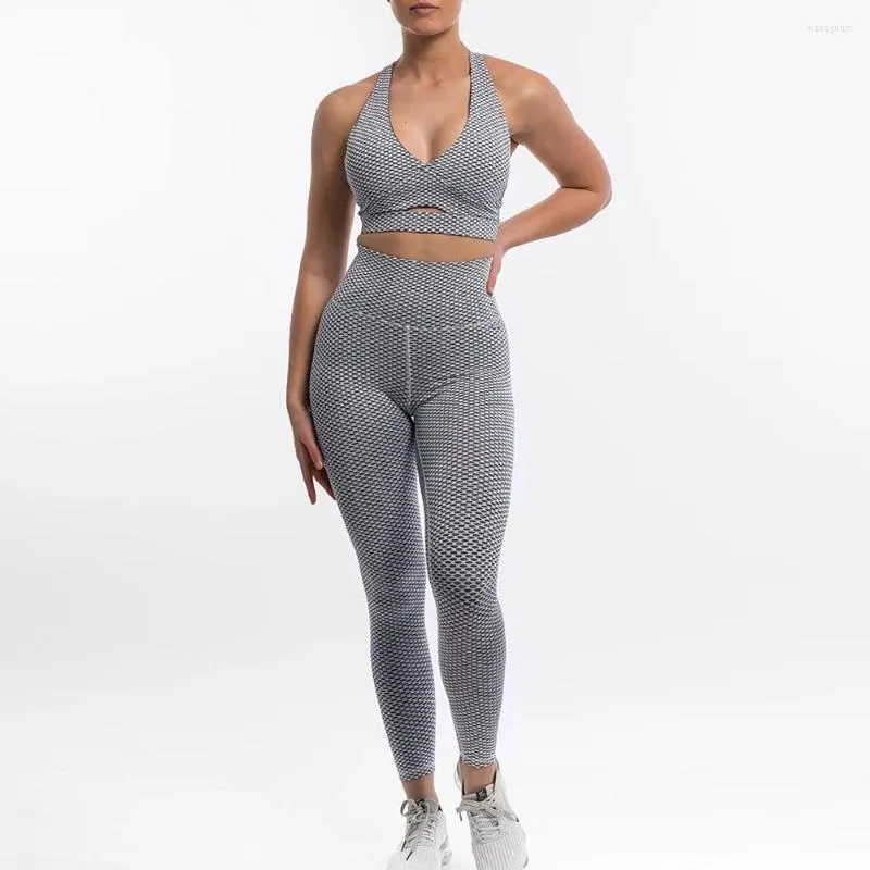 Active Sets HGC Yoga Set Women Elastic Fitness Suit 2 pezzi Mesh Gym Wear Jogging Sportwear Pantaloni sportivi Top Running Workout Abbigliamento