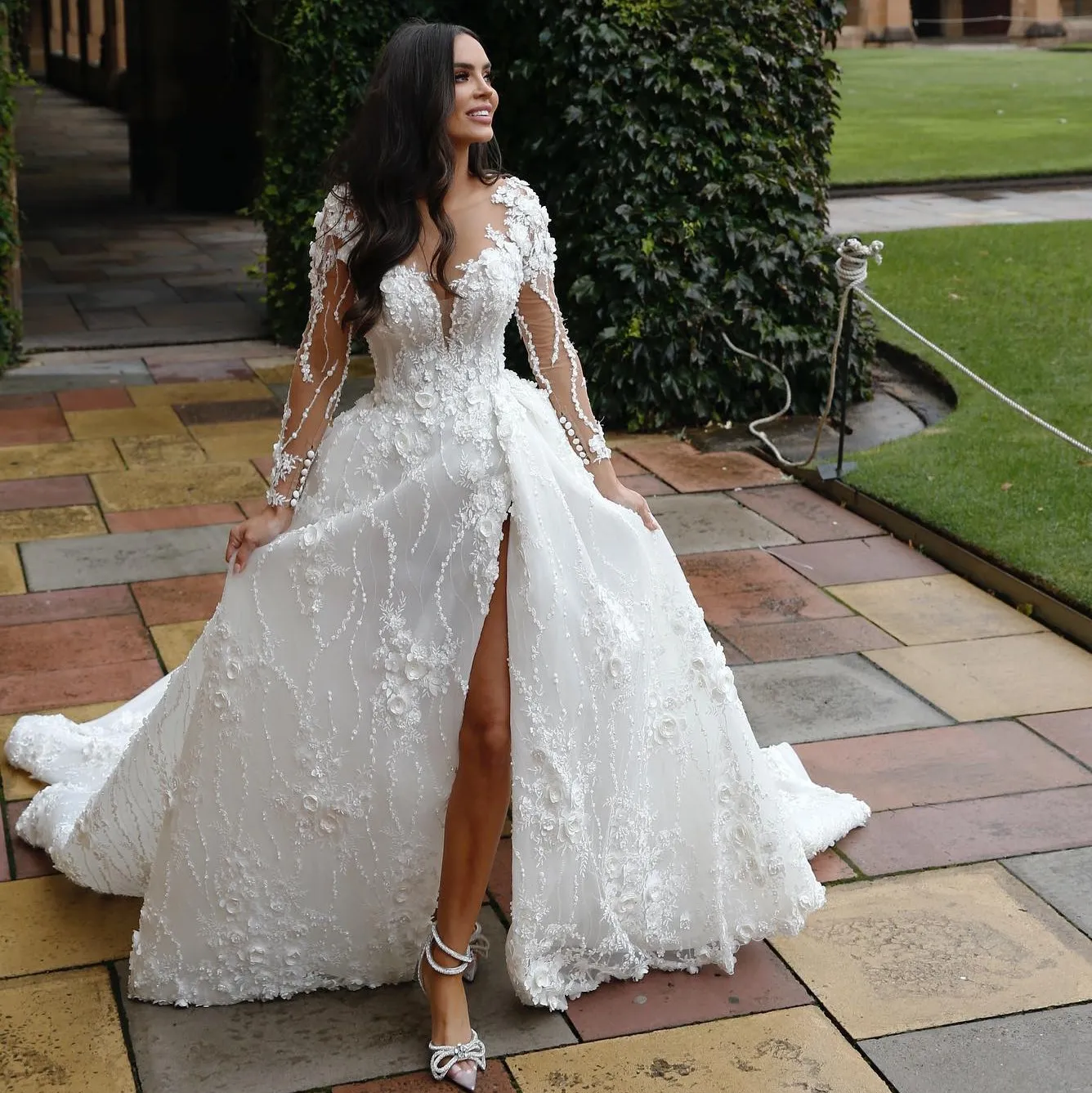 Fabulous 3D Appliqued Wedding Dresses Beaded Bridal Gowns Lace Long Sleeves Sheer Plunging Neckline A Line Vestido De Novia