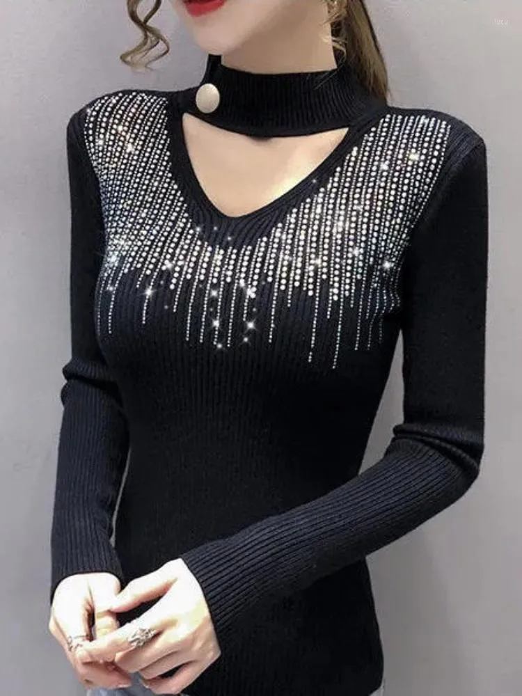 Women's Sweaters Pullovers Korea Half-High Collar Sexy Hollowed-Out Diamond Mesh Long-Sleeved Women'S Autumn Bottoming Fashion Knitted