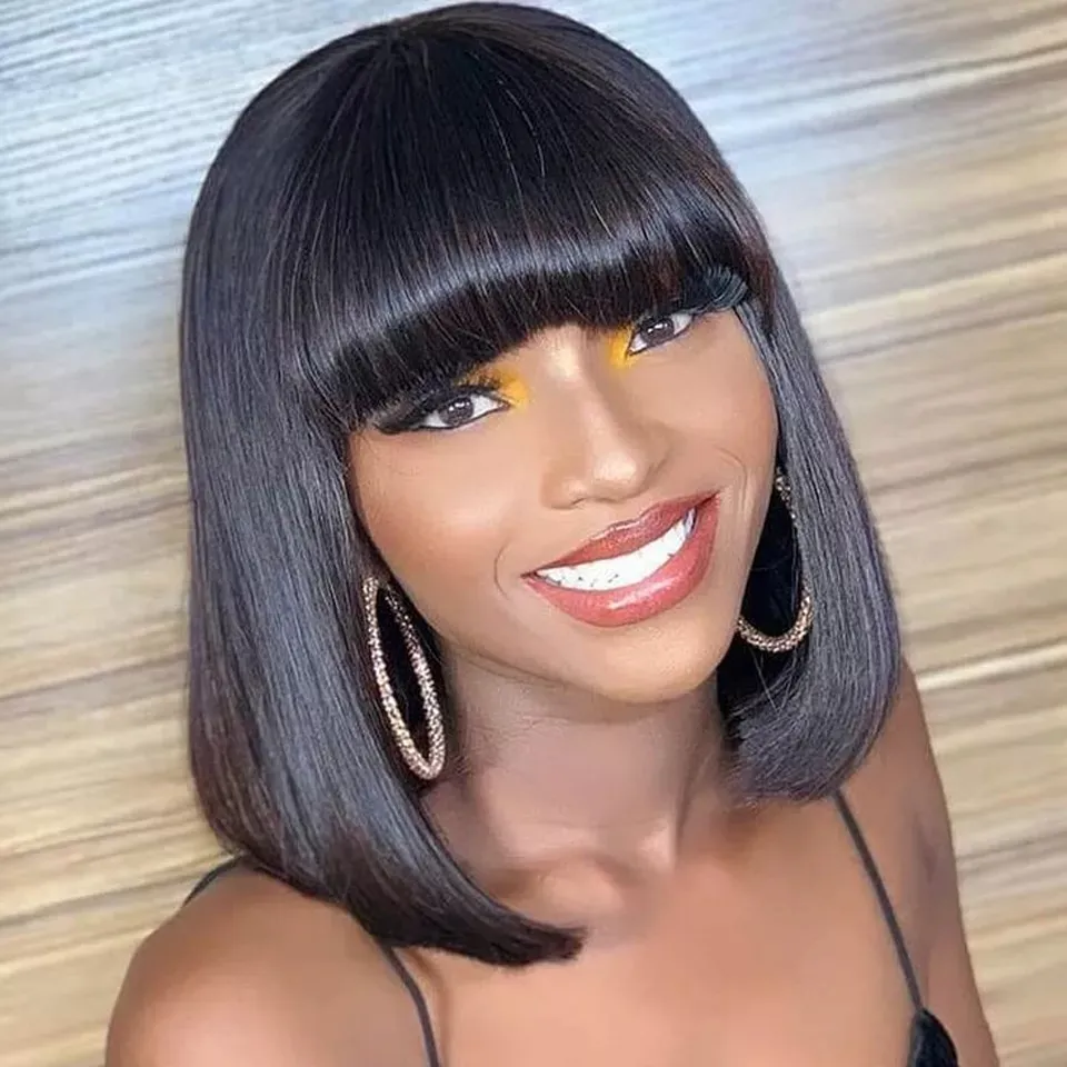 10 Inch Natural Brazilian Virgin Straight Bob Wig With Bangs For