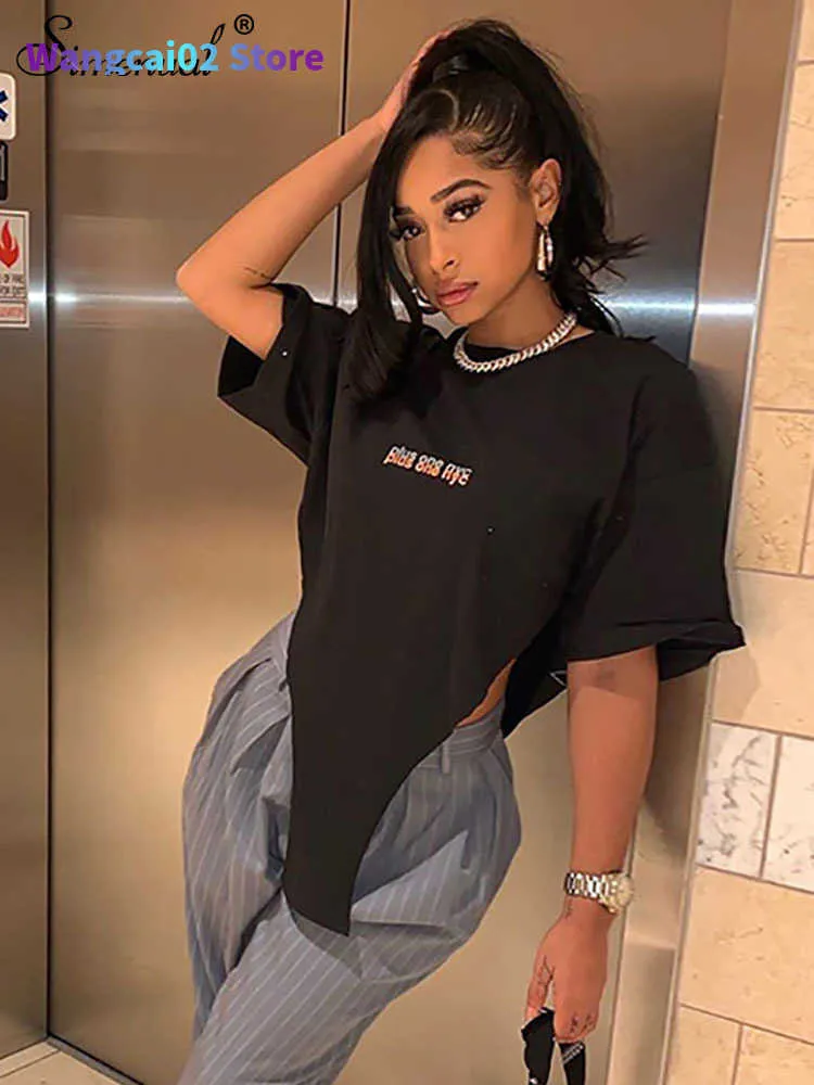 Women's T-Shirt Simenual Letter Print Urban Style Casual T Shirts Loose Soft Streetwear Short Sleeve Women Crop Top Fashion Streetwear Tees Hot 022223H