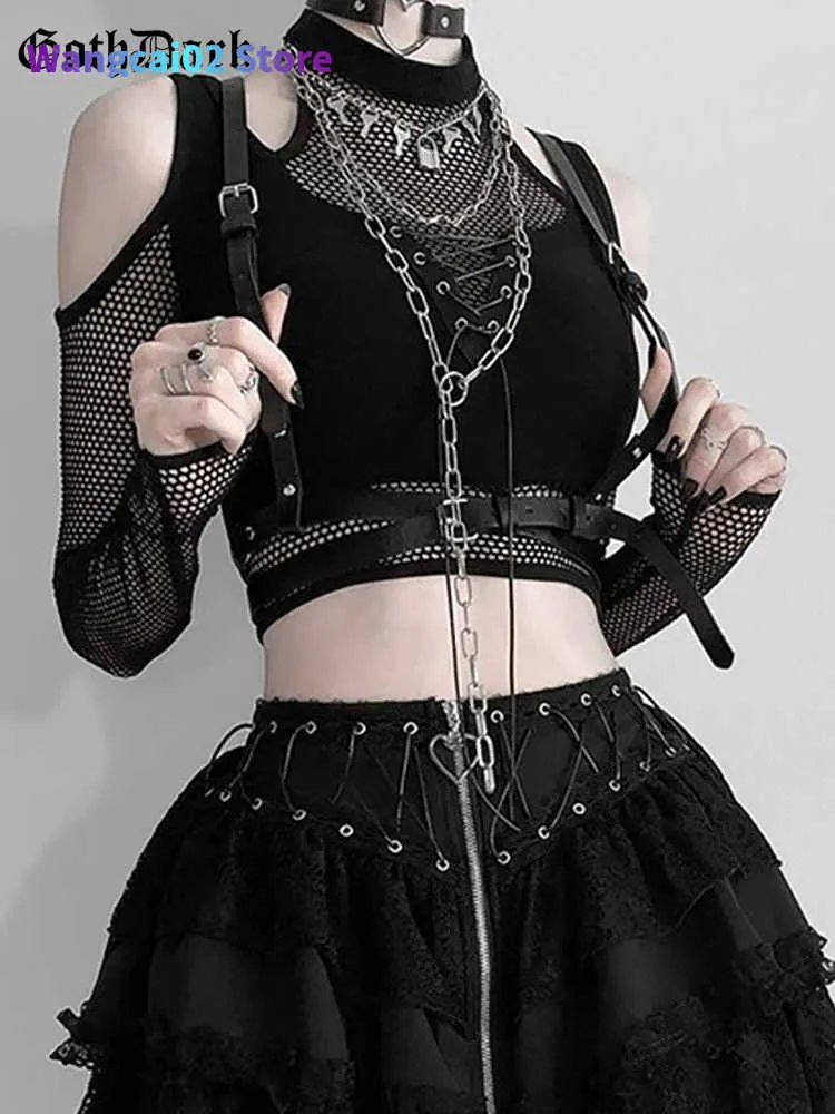 T-shirt feminina Goth Goth Dark Fishnet Corte mulheres Sexy Halter T-shirts Mall Mall Gothic Grunge Bandrage Crop Tops Punk O ombro aberto