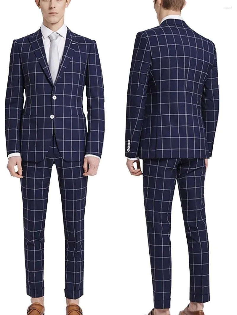 Men's Suits 2 Pieces Men's Navy Check Plaid Tuxedos Formal Bridegroom Wedding Dress Suits(Blazer Pants)