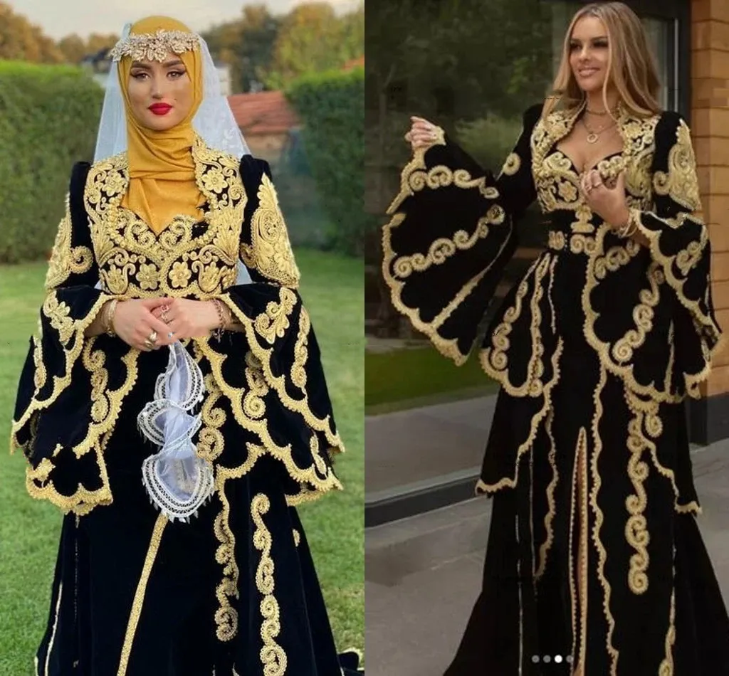 2023 Schwarze traditionelle kosovo-albanische Ballkleider mit goldener Spitze, muslimisch-arabische Langarm-Jacken-Kaftan-Abendkleid