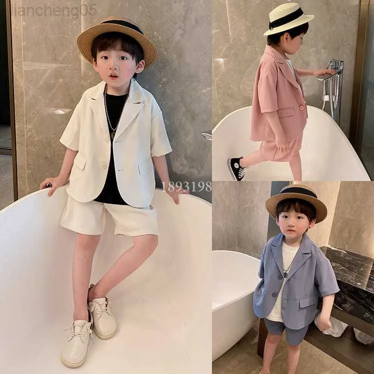 Clothing Sets Children's Summer Short Sleeve Suits Set 2021 Boys Girls Korean Blazer Shorts 2pcs Clothing Set Kids Performance Party Come W0222