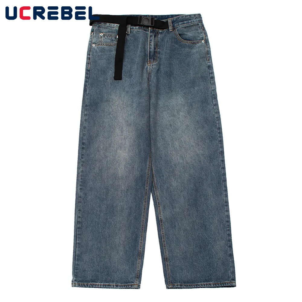 Jeans da uomo Pantaloni in denim tinta unita con cintura Mens High Street Distressed Gamba larga Streetwear Pantaloni larghi da uomo 230222