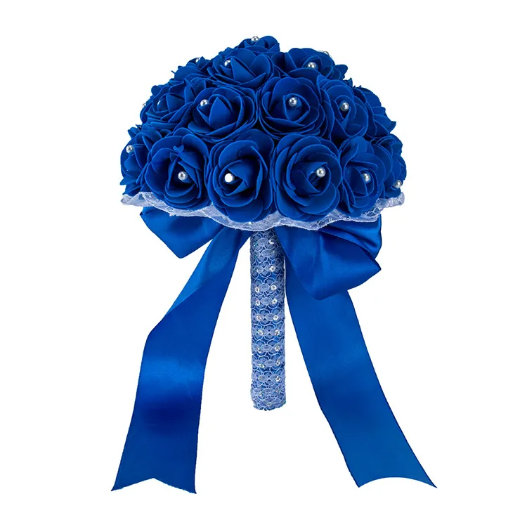 Fleurs de mariage bleu clair rouge élégant nuptial de mariage bouquet perles fleur de fleur de soie rose cristaux de mariage décoration de demoiselle d'honneur bouquet