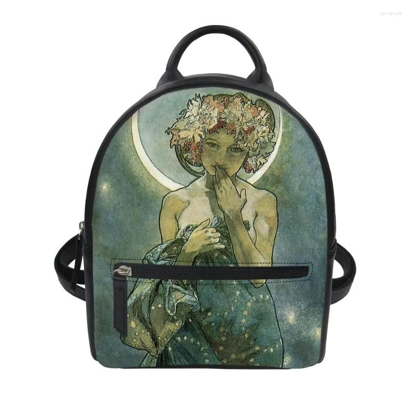 学校のバッグAlphonse Maria Mucha Design Women Small Backpack Fashion PU Leather for Teenager Girls女性旅行Zaino Donna