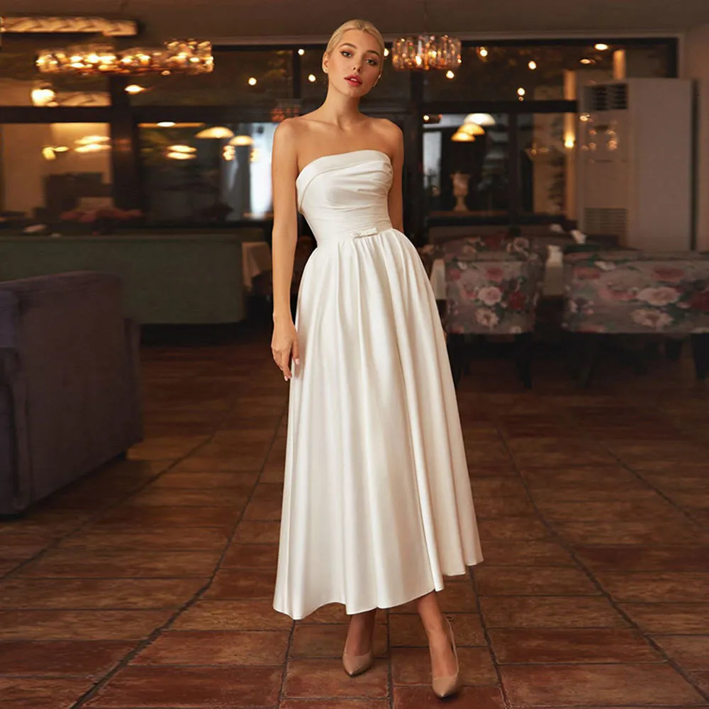 Robes de soirée simples 2023 mariage en satin avec poches sans bretelles cheville longueur robe de mariée à lacets dos Vestidos Novia Robr De Mariee 230221