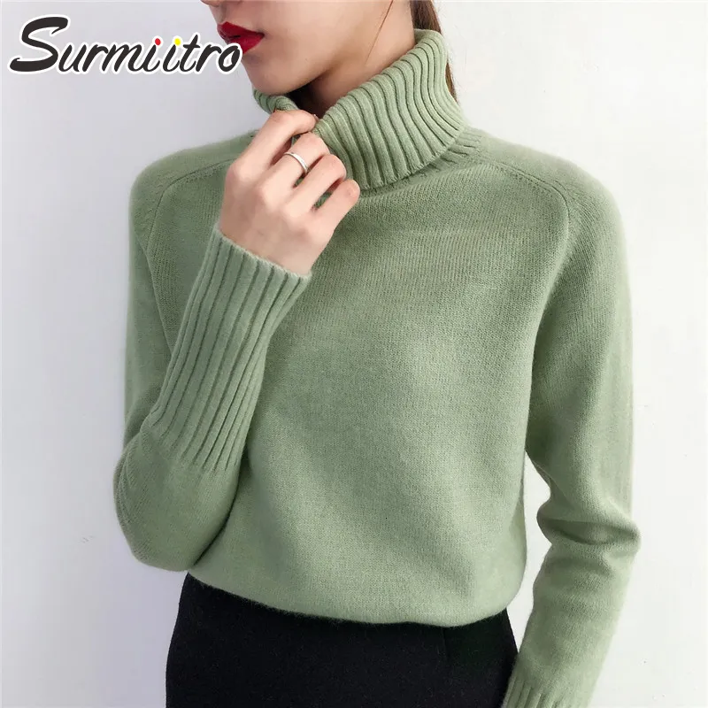 Damenpullover SURMIITRO Kaschmir Strickpullover Frauen Herbst Winter Korean Rollkragen Langarm Pullover Weibliche Pullover Grüne Strickwaren 230222