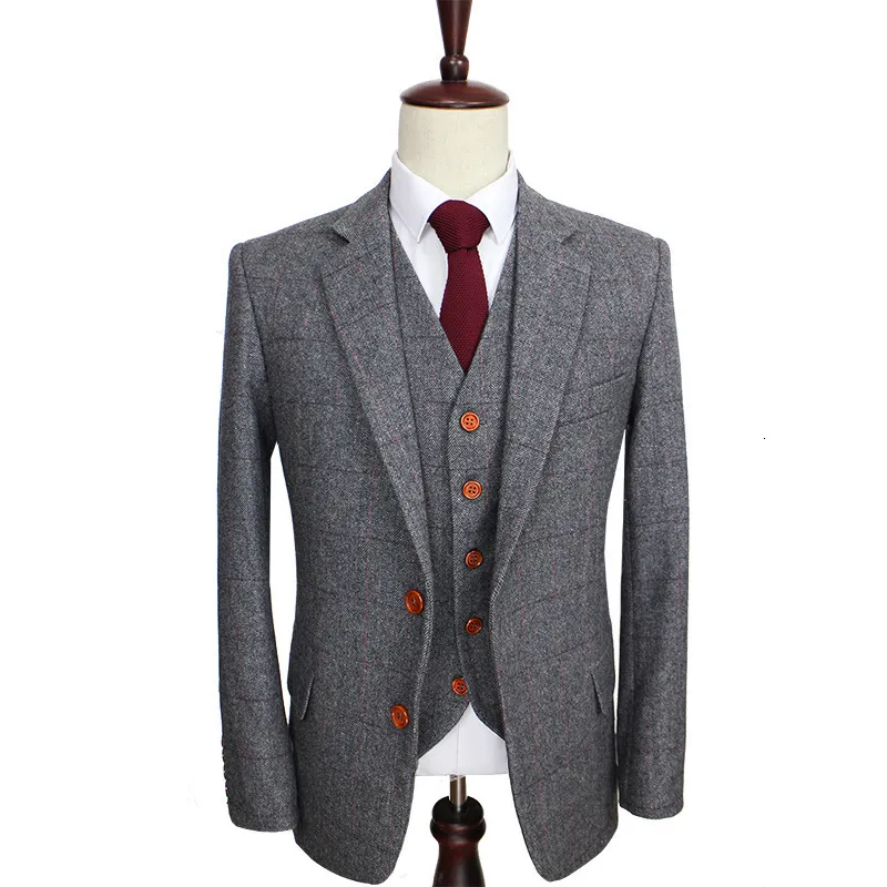 Men's Suits Blazers Wool Retro Grey Herringbone Tweed British style custom made Mens suit tailor slim fit Blazer wedding suits for men 3 piece 230222