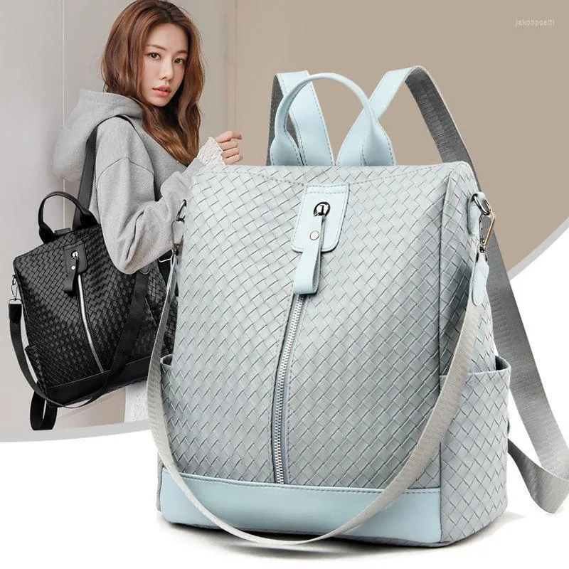 School Bags Fashion Women Backpacks Weave High Quality Leather Female Ladies Bag Korean Student Backpack Girl Preppy Style