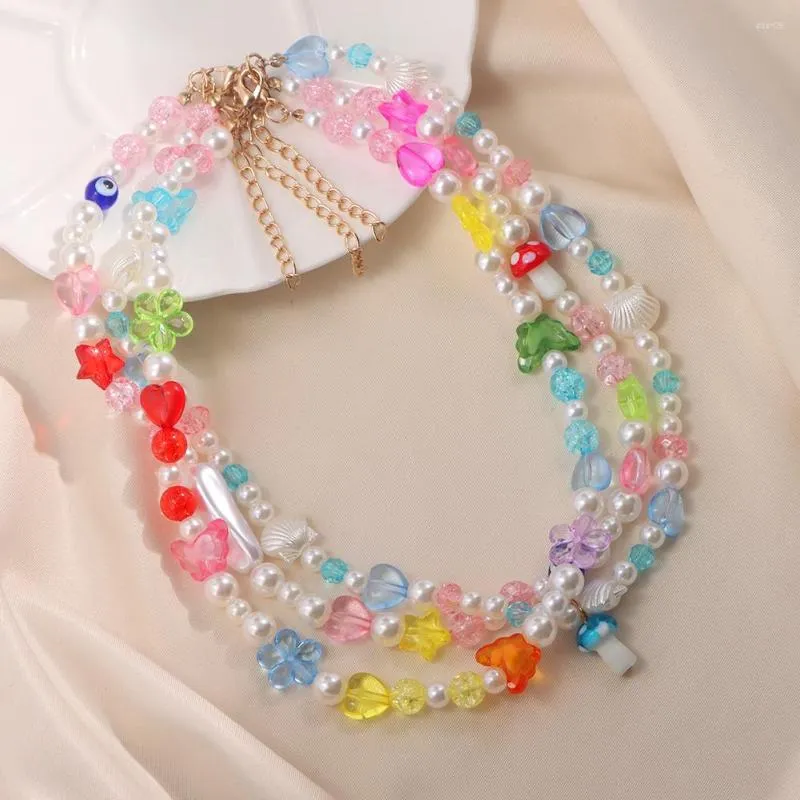 Chaînes Flatfoosie Kpop coloré fleur champignon cristal perles collier pour femmes irrégulière perle coeur perlé Y2K bijoux