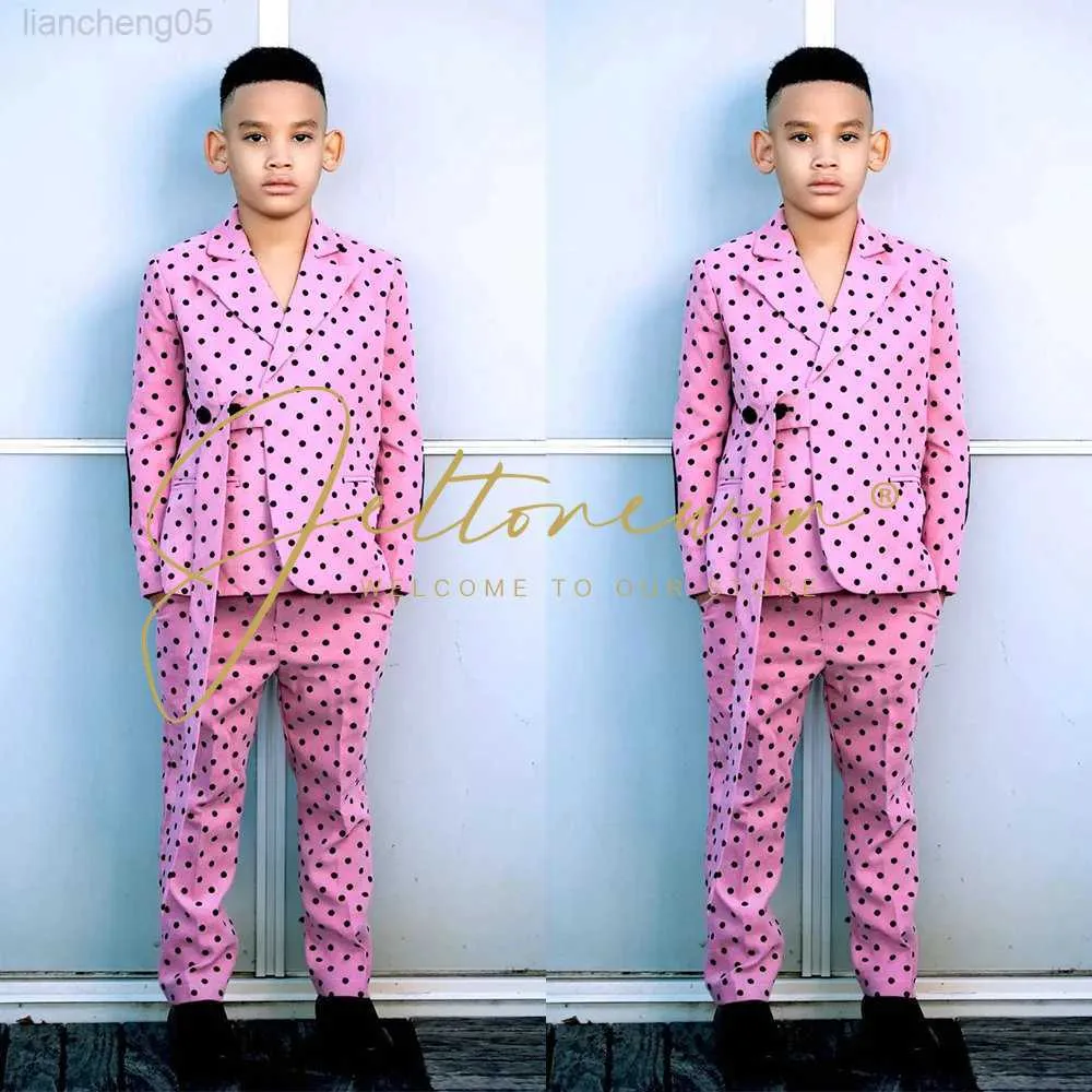 Conjuntos de ropa Pink Black Polka Boys Trajes formales 2 piezas Chaqueta cruzada Pantalones Niños Fiesta Boda Esmoquin Niño Blazer Set W0222