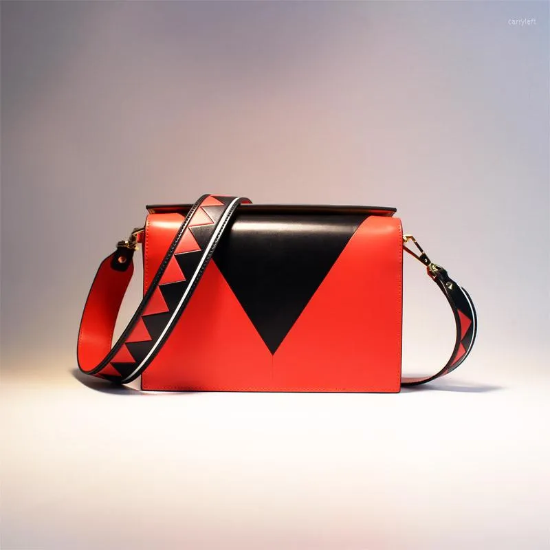 Evening Bags BENVICHED Ladies' Cattle Leather Bag 2023 Fashion Red Retro Color Collision Geometry Handbag Inclined Single Shoulder C398