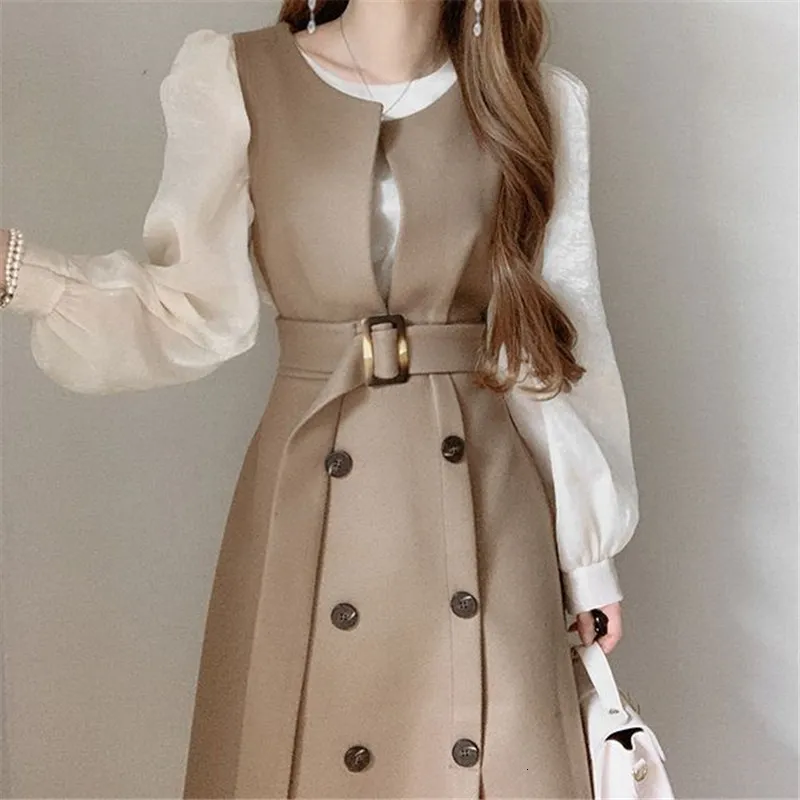 Abiti casual Coreano Chic Office Lady Elegante vestito dal carro armato O-Collo Doppio petto Senza maniche Abito Primavera Cintura Slim Wasit Abiti Mujer 230222