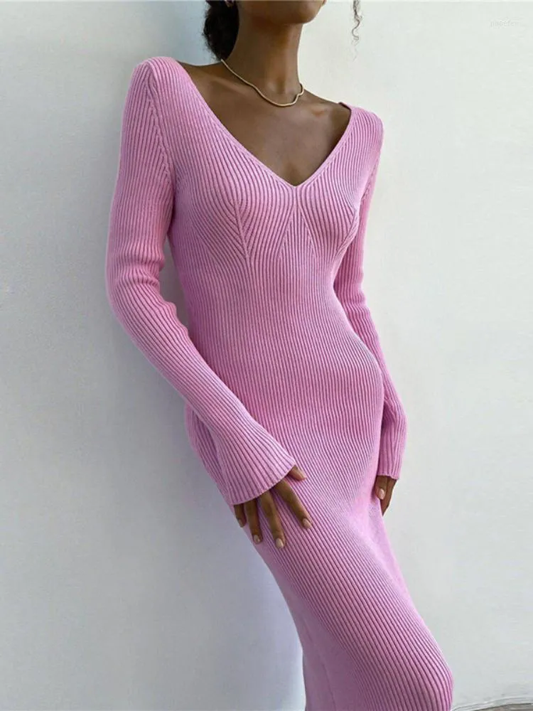 Sukienki swobodne sweter Laxsesu na 2023 jesień zimowe długie rękawy v szyja wysoko podzielony plecy seksowna bodycon midi sukienka Y2K Streetwear