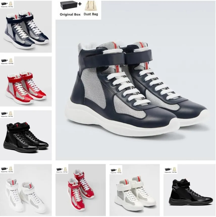 Med Box Prad High-Top Men America Cup Sportskor Patent Calf Leather Mesh Nylon Man Sneakers Light Gummi Sole Famous Brand Trainers S DJ 6754