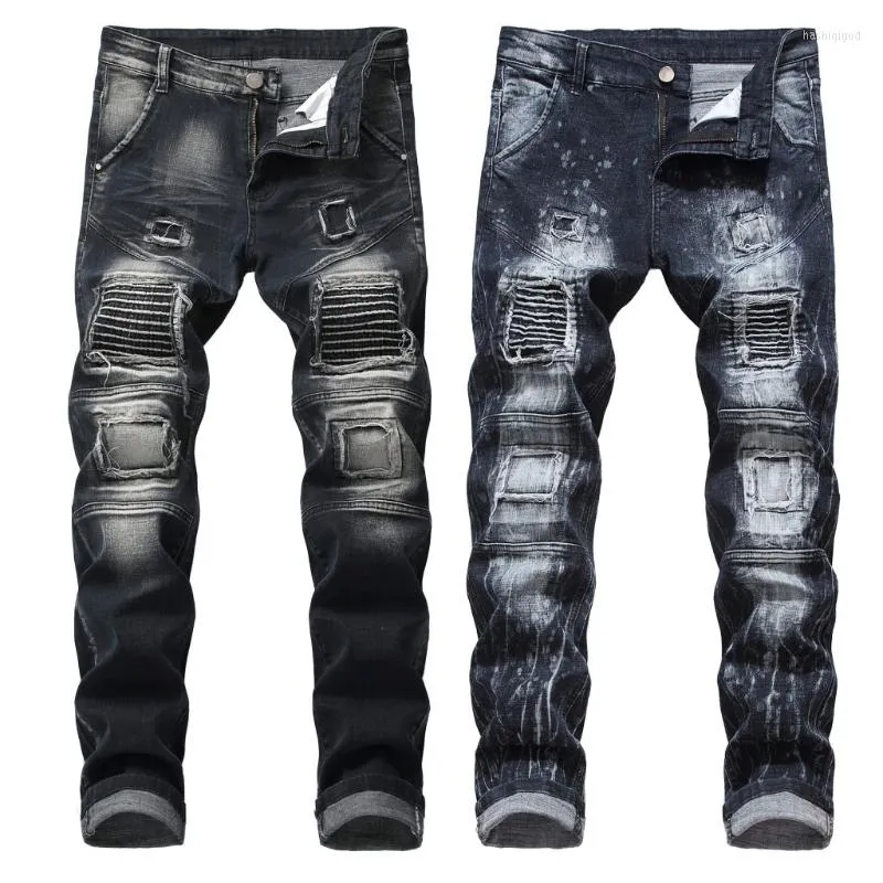 Men's Jeans Black Ripped Men Fashion Stretch Slim Fit Trouser Retro Patch Pleated Straight Leg Man Causal Denim Pants Streetwear