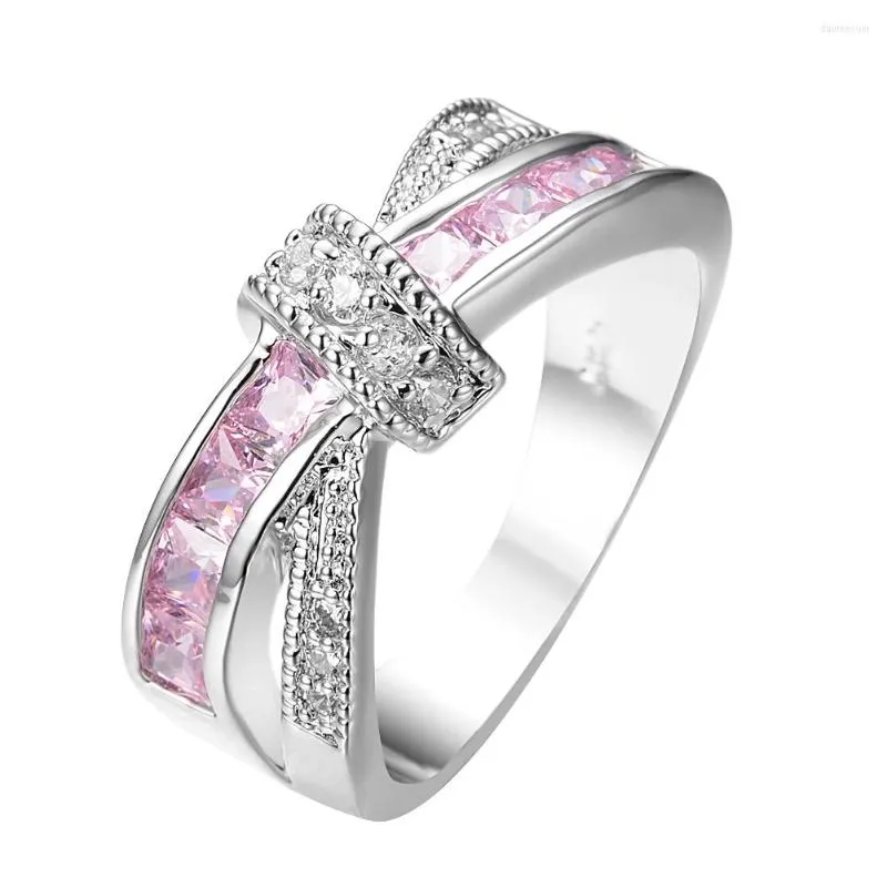 Pierścionki ślubne żeńskie różowe pierścionek krzyżowy moda biała złota biżuteria obietnica zaręczyny dla kobiet urodzinowe prezenty kamienne