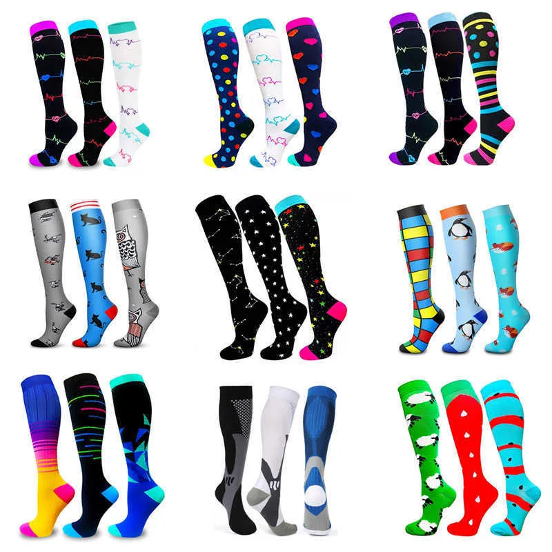 5PC Socks Hosiery 6 Pcs New Compression Socks Varicose Veins Medical Men Women Nurse Prints Unisex Outdoor Running Cycling Long Pressure Stockings Z0221