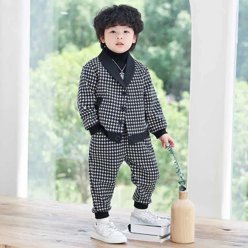 Комплекты одежды Детский повседневный костюм с узором «гусиные лапки» Корейский свадебный комплект для мальчиков Красивый костюм для выступления на день рождения Come Kids Blazer Pants Одежда