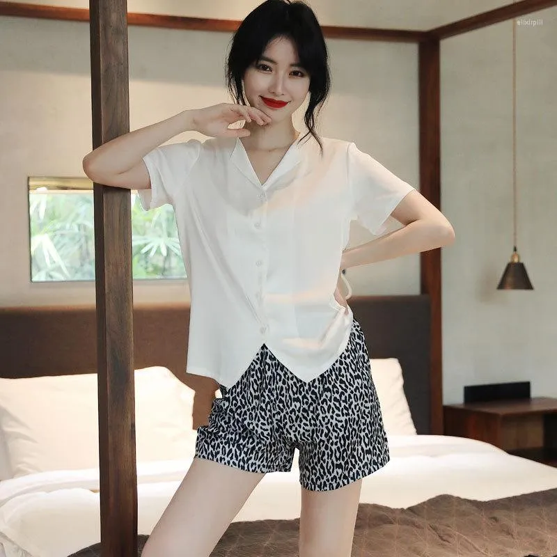 Women's Sleepwear Women Pajamas Set Summer Short Sleeve Shorts Suit Sexy Leopard Pyjama Pour Femme Silk Satin Lingerie Loose Home Wear