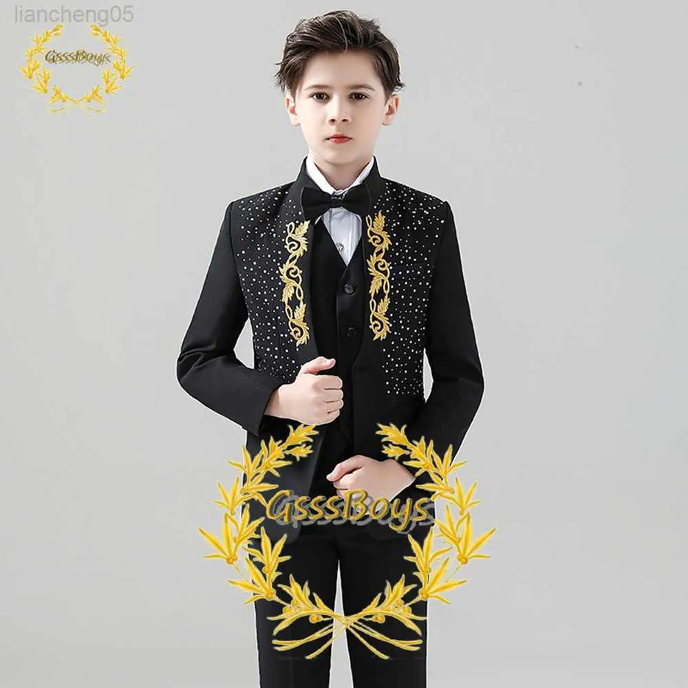 Ensembles de vêtements 4 pièces costume pour garçons mariage smoking noir brodé imprimé Blazer pantalon gilet noeud papillon enfants formel veste ensemble W0222