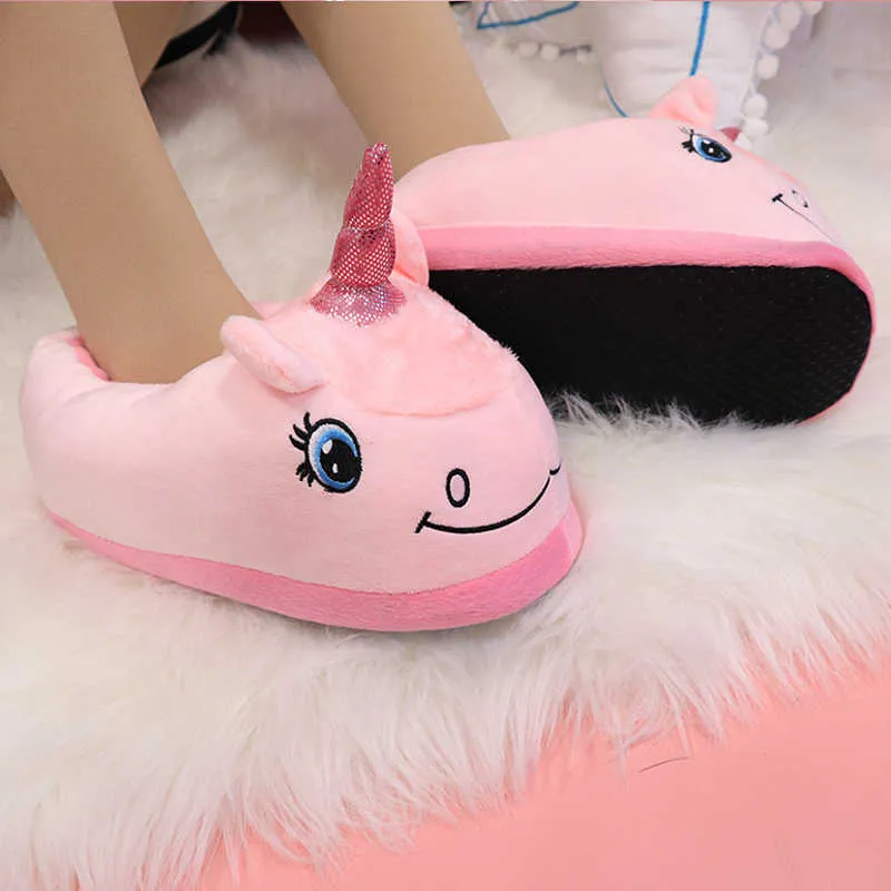 Slippers Warm Cotton Winter Women Home Slippers Soft Cartoon Unicorn Indoor Nonslip House Slippers Girls Cute Shoes Footwear Z0215 Z0215