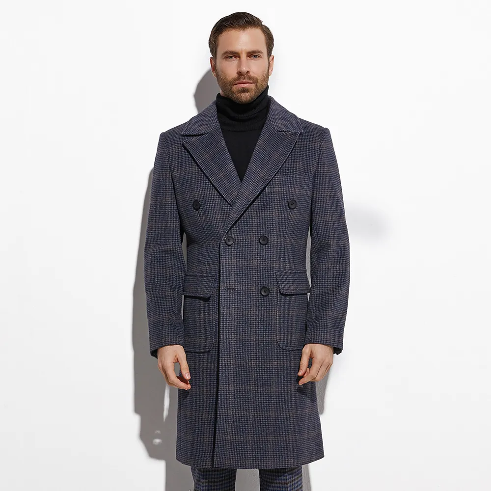 Men's Suits Blazers Winter Topcoat Double Breasted Navy Windowpane Long Coat Custom Made Heavy Warm Wool Blend Tailored Slim Jacket Autumn 230222