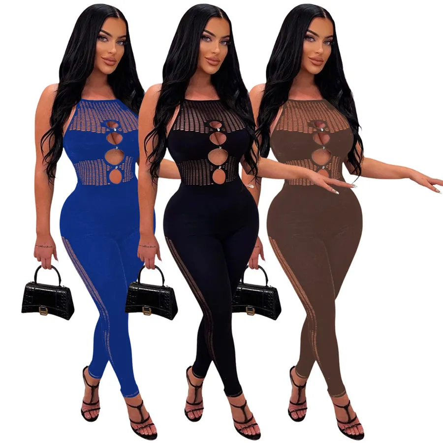 2023 Designer Hollow Out Jumpsuits Spring Summer Clothes Women Spaghetti Straps BodyCon Rompers One Piece Outfits Sexy Ripped Leggings Club Wear Partihandel 9315