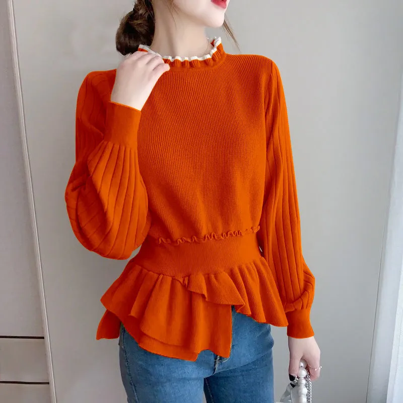 Women's Sweaters Fashion Ruffles Spliced Knitted Folds Asymmetrical Sweaters Women's Clothing Autumn Loose Casual Pullovers Korean Tops 230222