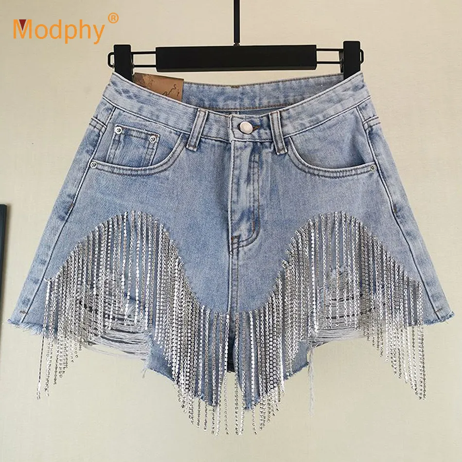 Damen Shorts Sommer Mode Denim Kurze Frauen High Street Stil Pailletten Lose Loch Quaste Weibliche Fit Wilde Kleidung 230222