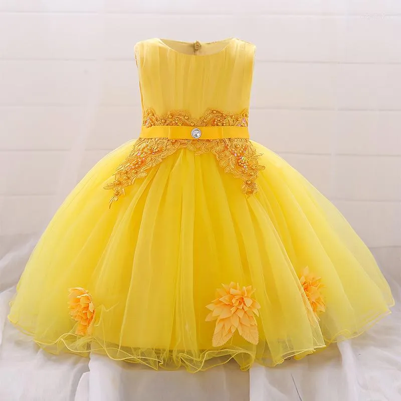 Girl Dresses Baby 1st Birthday Party Yellow Beaded Sequined Flowers Tulle Gown Infant Formal Pageant Prom Christening Costume