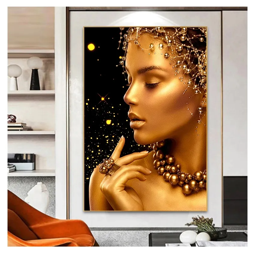African Art Malanin Oft na płótnie plakaty i drukuje obraz sztuki ściennej do salonu Czarna i złota kobieta seksowna nago woo