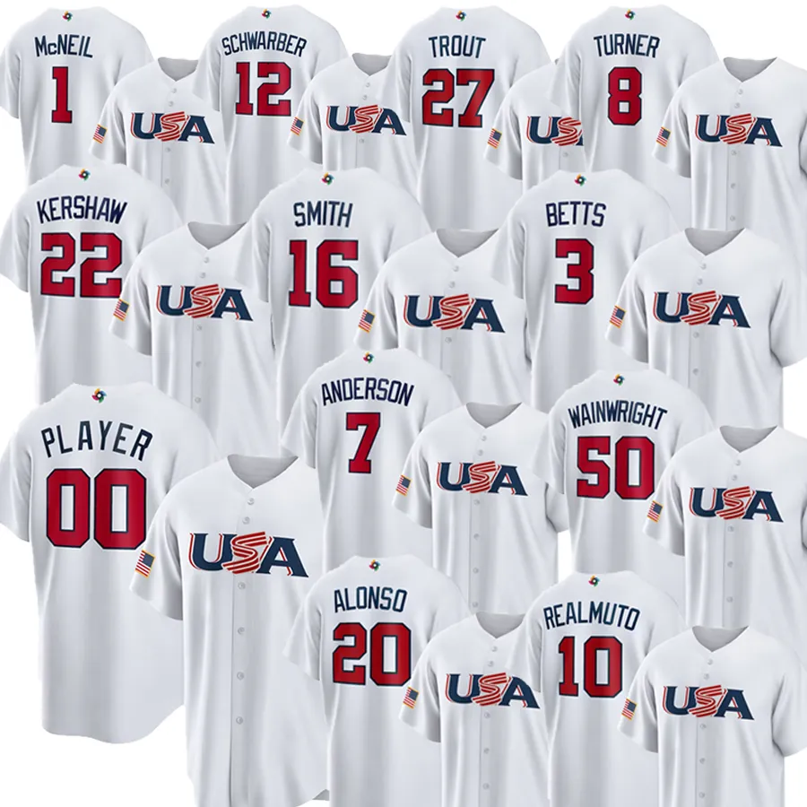 22 Clayton Kershaw USA Baseball White 2023 World Baseball Player Jersey Mookie Betts Will Smith Adam Wainwright Trea Turner Mike Trout J.T. Realmuto Kyle Tucker Masculin