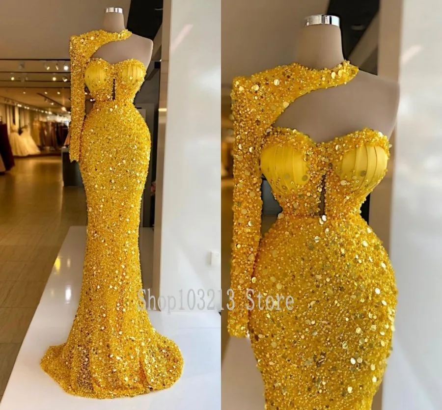 Party Dresses Luxury Evening Dresses Bright Yellow Sequins Beads Halter Mermaid Prom Dress Long Sleeves Party Gowns Customize Robe De Mariee 230221