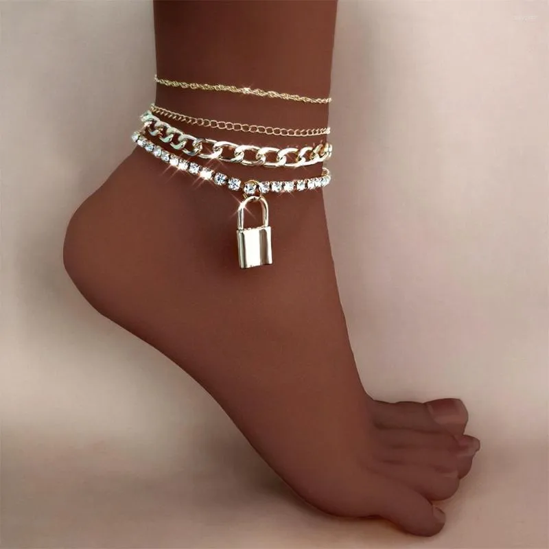 Anklets Gothtic Big Lock Crystal Tennis Chain Set For Women Golden Multi-Layer Metal Thin Rope Ankle Armband Foot Jewelry