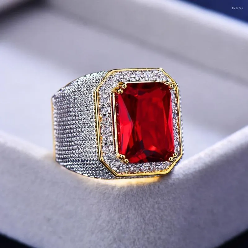 Anneaux de mariage de luxe mâle femme grande bague de fiançailles rouge mignon bijoux en or jaune zircon pierre vintage pour hommes et femmes