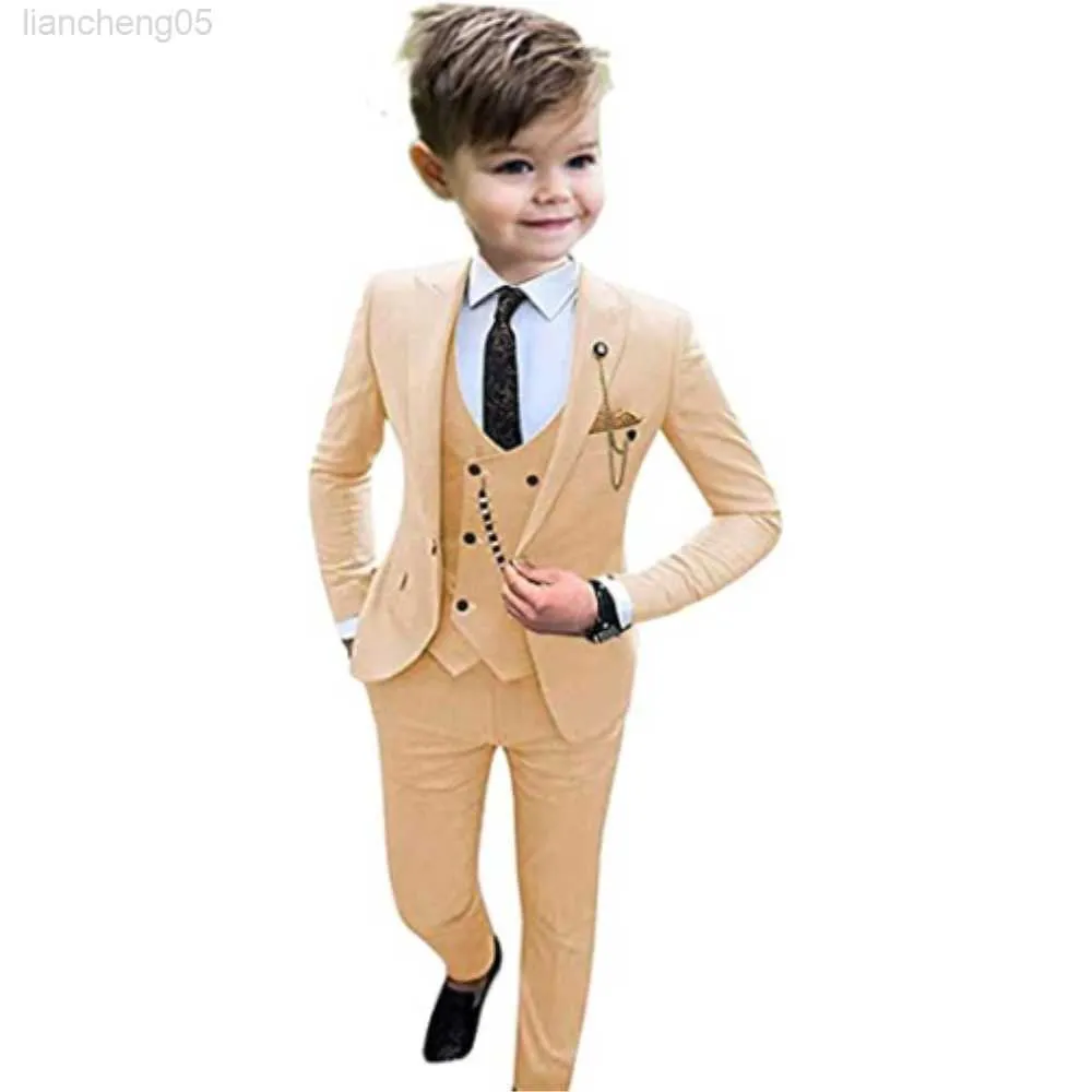 Kläder sätter en knapp pojkar tuxedos topp lapel formell kostym blazer västbyxor set pojkes kostym för bröllop 3 bit w0222