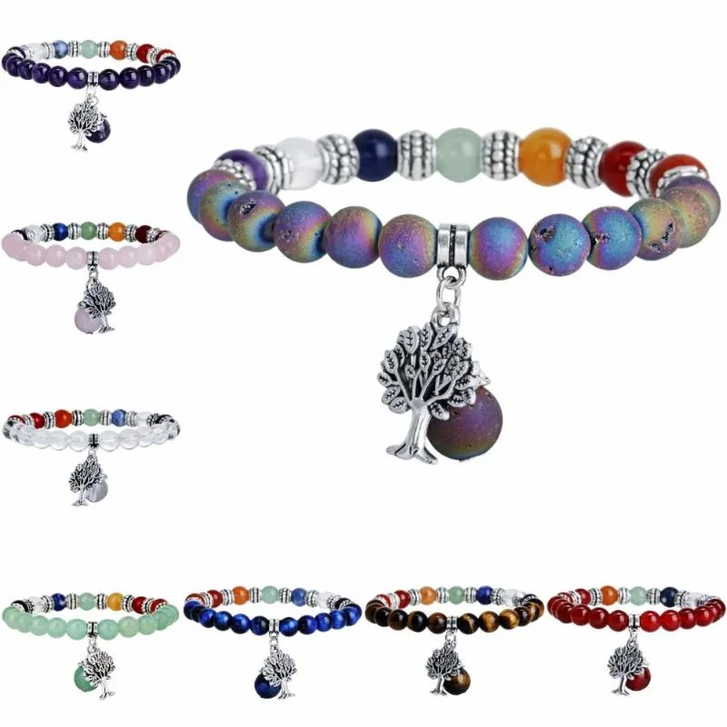 Strand Beaded Strands Semi Precious Stone Bracelet With Tree Of Life Charms 7 Chakra Beads Crystal Healing Reiki Balancing Yoga Jewelry 8mm