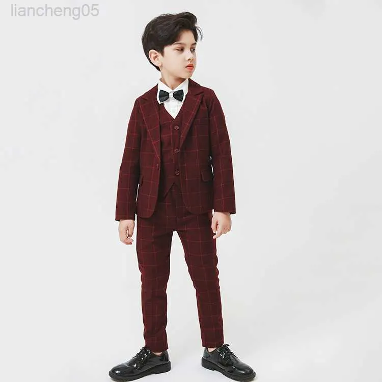 Giyim Setleri Resmi Anak Burgundy Seti Bunga Anak Laki-Laki Pesta Pernikahan Pakaian Kom Anak-Anak Blazer Rompi Celana 3pcs Pakaian seti W0222