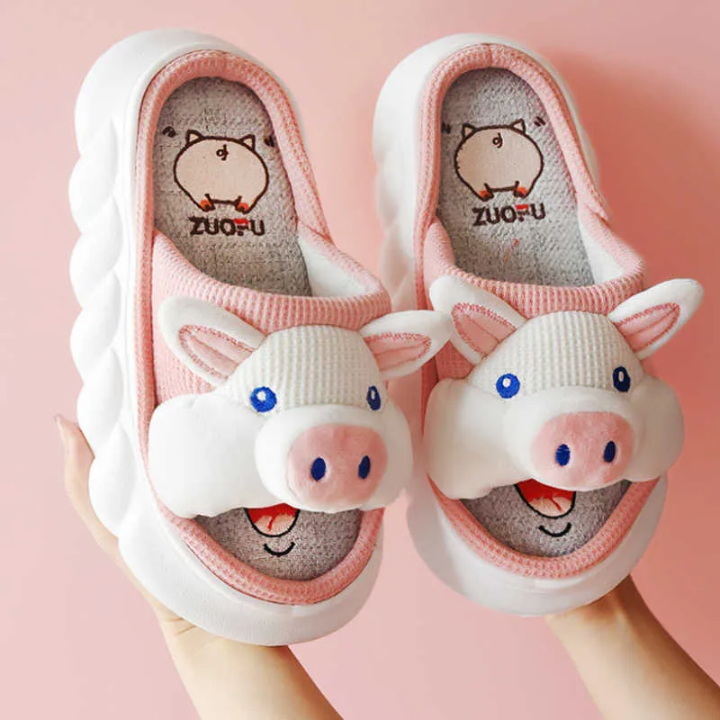 Slippers 2022 New Fashion Linen Slippers Women Cute Pig Home Platform Slippers Comploy Cartoon Caroed Ladies Indoor Slides Free Shipping Z0215 Z0215