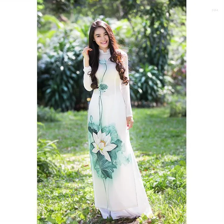 Vêtements ethniques 2023 Vietnam Style robe rétro impression florale traditionnelle en mousseline de soie Cheongsam Chinoise Ao Dai élégant fête A78