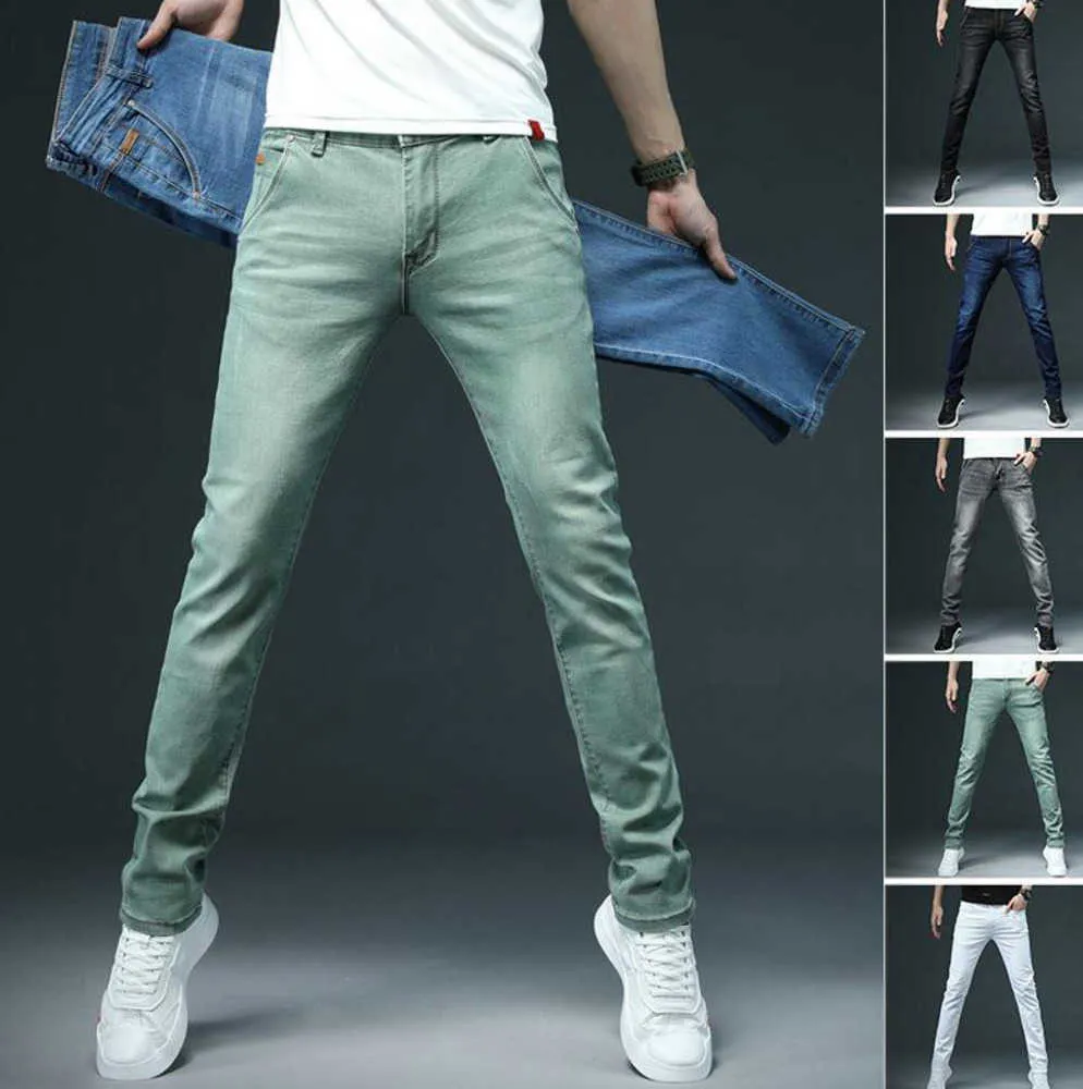 Mäns jeans herrar sommar tunna bomull casual byxor all-match stretch smal låghöjning midja blixtlås denim blyerts byxor sport trend mode