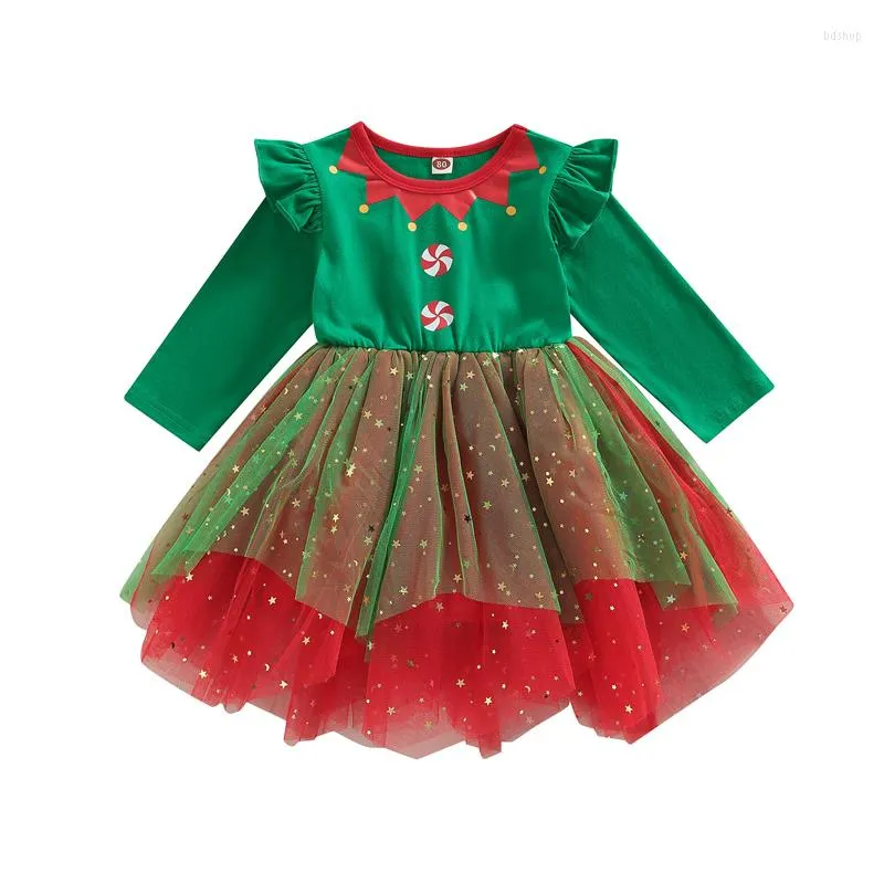 Girl Dresses Xmas Toddler Baby Plaid Dress Tulle Mesh Ruffled Long Sleeve Princess Party